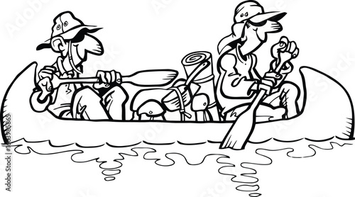 Dynamic illustration of two people enjoying a serene canoeing adventure on calm waters capturing the essence of outdoor recreation and peaceful exploration