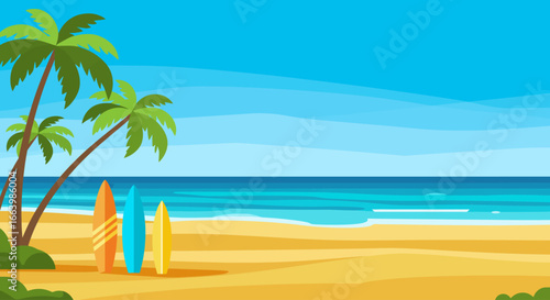 Vibrant Vector Illustration of a Tropical Beach with Surfboards, Ready for Summer Adventures