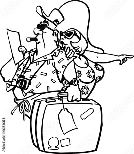 A vibrant and versatile vector illustration perfect for travel themed designs featuring a couple enjoying a journey together rendered with a rich palette of colors and classic typography