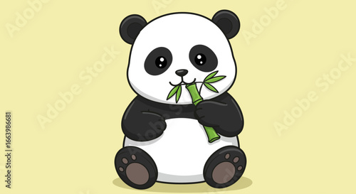 Cute cartoon baby panda bear sitting and eating green bamboo