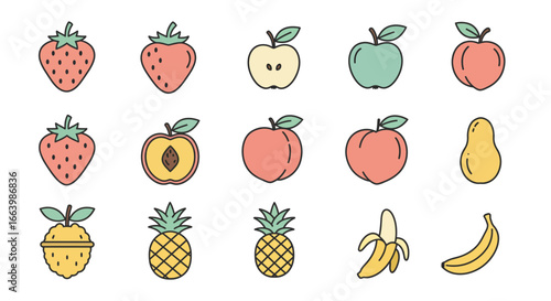Colorful Fruit Icons Strawberry, Apple, Peach, Pineapple, and Banana