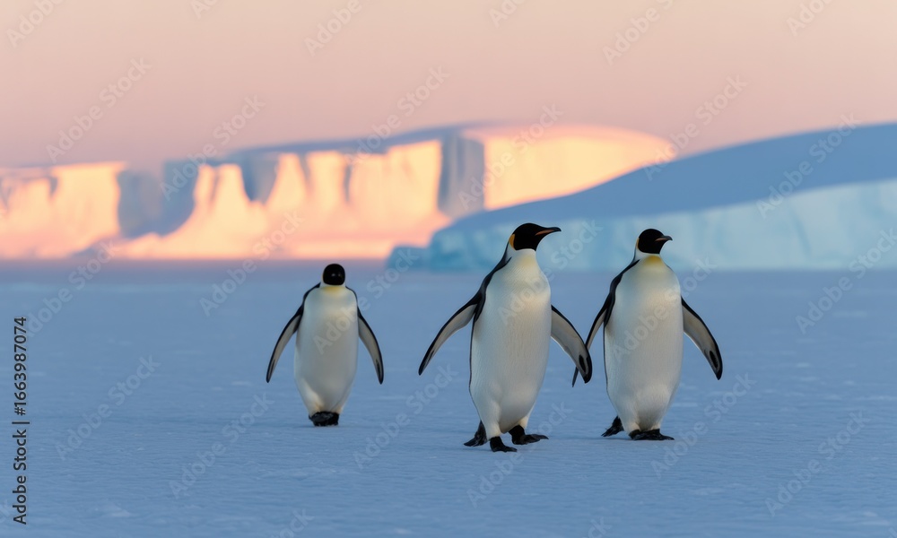 Obraz premium Three penguins walk on ice toward icebergs, illuminated by dawn light
