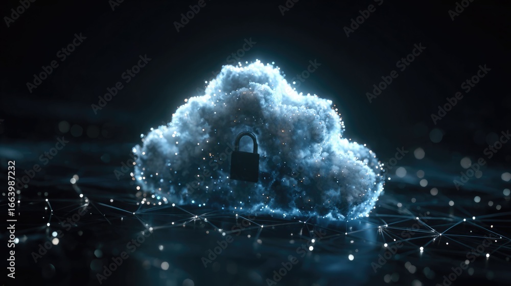 Fototapeta premium Cybersecurity and data protection concept with glowing digital lock and shield on network