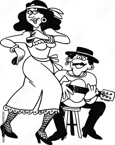 A lively illustration of a person dancing with a guitar capturing the joy and rhythm of music and movement in a vibrant colorful design