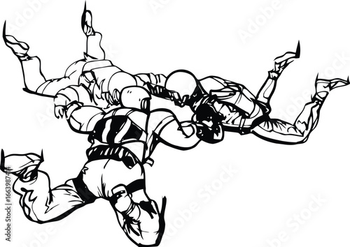 Dynamic illustration of three skydivers in mid air showcasing the thrill and freedom of extreme sports with vibrant colors and sharp vector lines