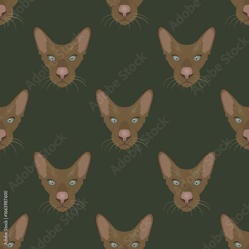 Seamless animal pattern with heads of domestic cat. On green background.