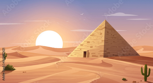 Desert landscape with Egyptian pyramid at sunrise illustration