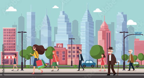City Stroll People Walking Against a Modern Urban Skyline