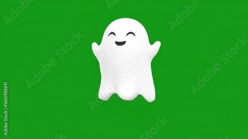 A cheerful, white cartoon ghost with a happy expression and outstretched arms against a green background.