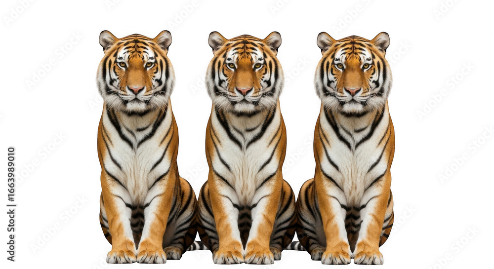 Obraz premium Three majestic orange tigers with black stripes sitting and looking forward with a black background showcasing their powerful presence and wild beauty in a symmetrical composition