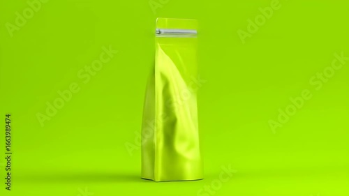 Dynamic 3D Animation of a Lime Green Metallic Stand-Up Pouch Mockup on a Matching Background