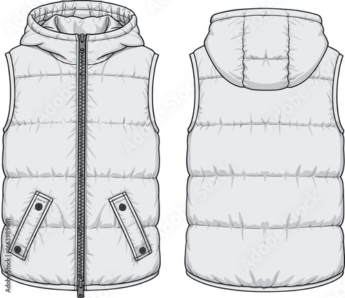 Front and back view of a white hooded puffer vest with zipper and pockets hooded vest sleeveless jacket