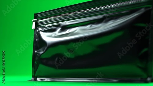 A sleek, black resealable zipper pouch dynamically slides across a vibrant green screen, perfect for product mockups and commercial transitions.