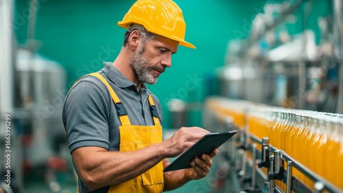 Industrial Engineer Monitoring Beverage Bottling Plant Production Line with a Digital Tablet
