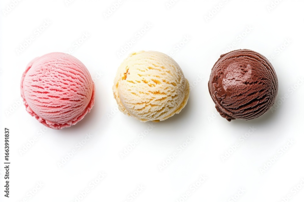 Fototapeta premium Three scoops of ice cream in a row on a white background strawberry vanilla and chocolate flavors visible