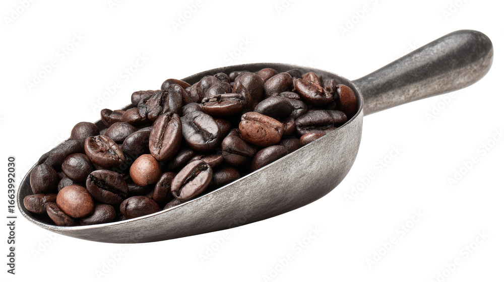 Fototapeta premium Scoop of roasted coffee beans on metallic spoon against white background.