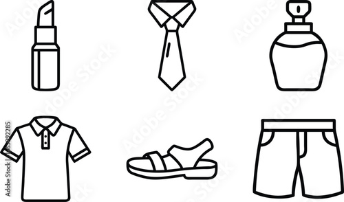 Fashion and clothing line icons including lipstick tie perfume polo shirt sandal and shorts