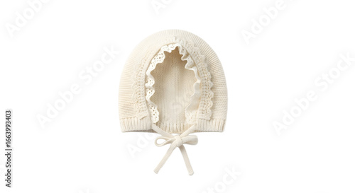 Ivory Knit Baby Bonnet with Lace Trim