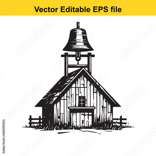 Old schoolhouse with bell tower and fence, isolated on white background