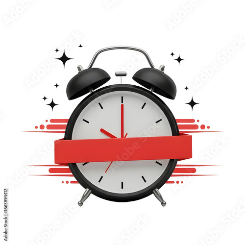 Black Alarm Clock with Red Ribbon Banner, Clock Hands Pointing at 10 O'clock, Dark Background, 3d Illustration