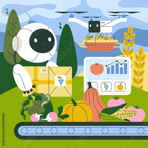 Robot Managing Harvest with Drone Assistance Vector Illustration