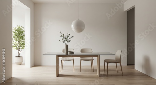A digitally rendered modern dining room with a minimalist aesthetic, featuring a sleek table, neutral tones, and natural light for a serene interior design concept
