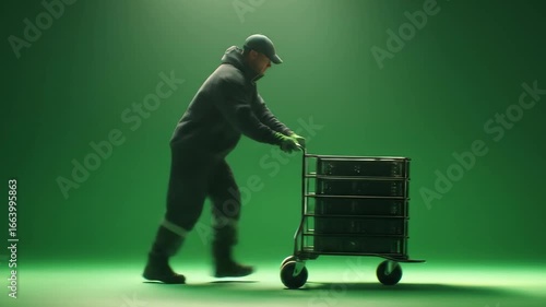 Male Worker in Uniform Pushing a Metal Trolley with Cargo in a Green Screen Studio