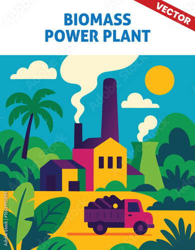 Biomass power plant: Colorful illustration with a truck delivering materials, surrounded by lush greenery and smokestacks emitting white smoke