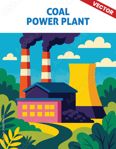 Coal power plant: Abstract geometric illustration with striped smokestacks, power station building, and a scenic industrial setting featuring green hills and vibrant nature elements