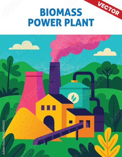 Biomass power plant: Bright and colorful vector image depicting a coal power plant with large chimneys, energy-generating equipment, and lush greenery surrounding the complex under a clear blue sky