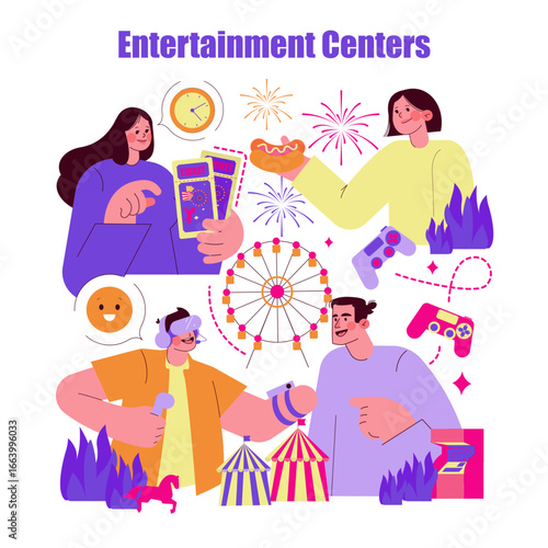 Fun Activities at Entertainment Centers Vector Illustration