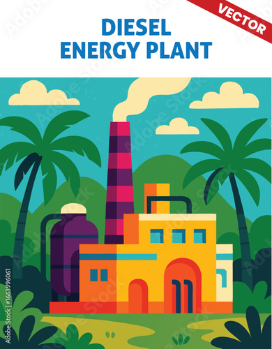 Diesel energy plant: Illustrative vector of a modern with colorful buildings, tall smokestack releasing smoke, and lush green tropical trees surrounding the industrial facility