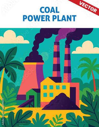 Coal Energy Plant with Heavy Machinery and Smokestacks Emitting Thick Smoke in an Industrial Setting
