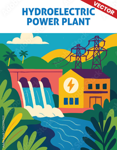 Hydroelectric Power Plant Vector Illustration Scenic with Dam and Water Turbine Generating Renewable Energy