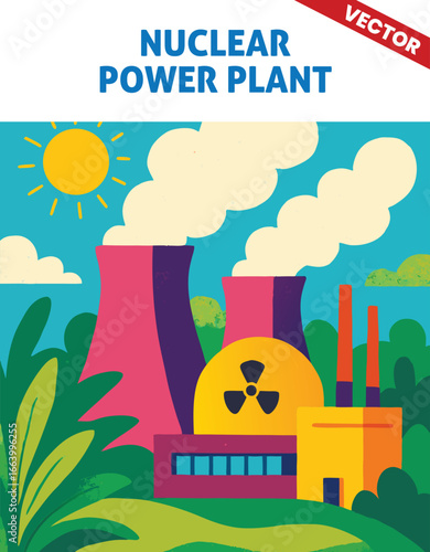 Nuclear Power Plant Vector Illustration with Cooling Towers and Large Reactor Buildings in an Industrial Landscape