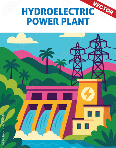 Hydroelectric Energy Plant Vector Illustration with Powerful Water Turbines and Water Flowing Over the Dam