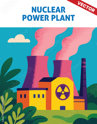 Nuclear Power Plant Vector Illustration Massive with Reactor and Cooling Towers in a Spacious Industrial Site