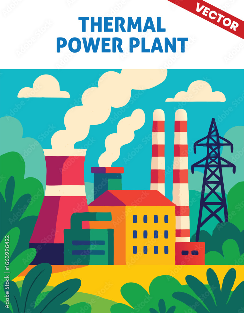 Fototapeta premium Thermal Power Station vector illustration with Emissions from Cooling Towers and Power Generation in an Industrial Environment