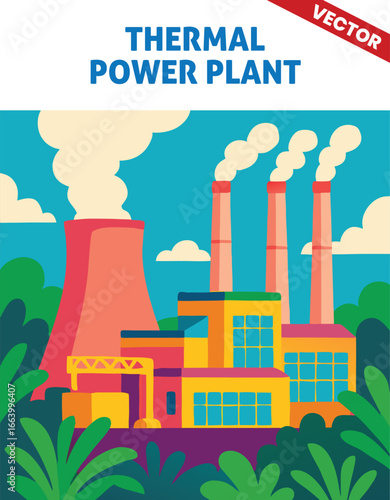 Thermal Power Plant vector illustration with Large Cooling Towers and Steam Emissions in a Heavy Industrial Setting