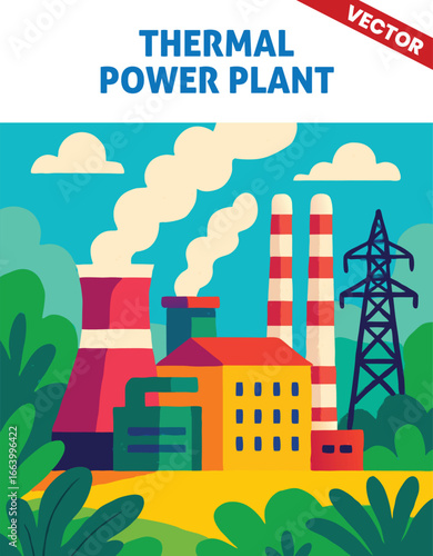 Thermal Power Station vector illustration with Emissions from Cooling Towers and Power Generation in an Industrial Environment