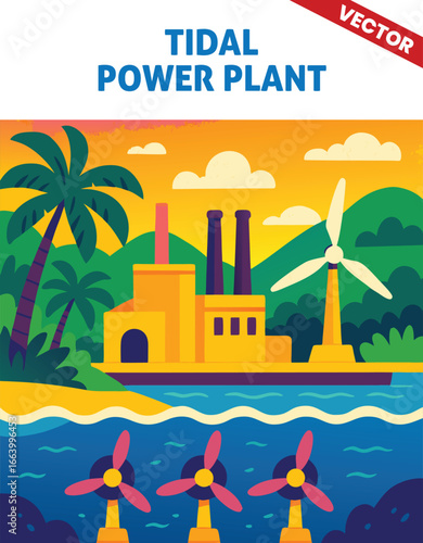 Tidal Power Station vector illustration with Water Turbines Generating Clean Energy from the Ocean’s Tides