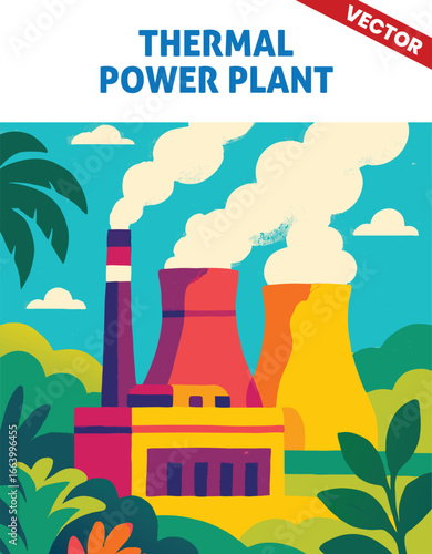 Thermal Energy Plant vector illustration with Cooling Towers and Power Generation in a Dense Industrial Area