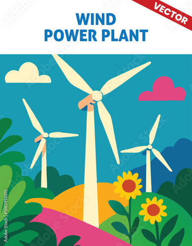 Wind Power Plant vector illustration Large with Multiple Wind Turbines Generating Clean Renewable Energy from the Wind