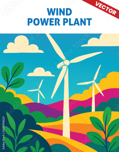 Wind Power Plant vector illustration with Tall Turbines Harnessing Wind to Produce Renewable Electricity in an Open Landscape