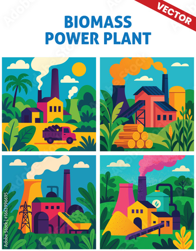 Various biomass power plant vector illustration with tall smokestacks, green hills, and a conveyor system, focusing on renewable energy solutions