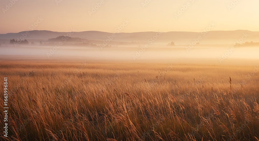 Obraz premium Golden sunrise over a misty field, bathed in warm, soft light creating a serene and tranquil atmosphere