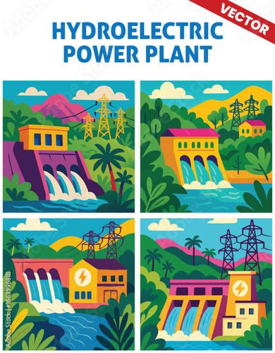Various Powerful Hydroelectric Power Plant vector illustration with Large Dam and Flowing Water for Renewable Power Generation