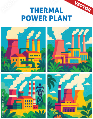 Various Thermal Power Plant vector illustration with Coal Supply and Emissions from Smokestacks in a Vast Industrial Landscape