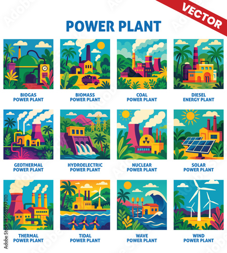 Types of power plants Vector illustration of various power plants including coal, diesel, tidal, and wave plants set in tropical environments with a bright and sunny backdrop