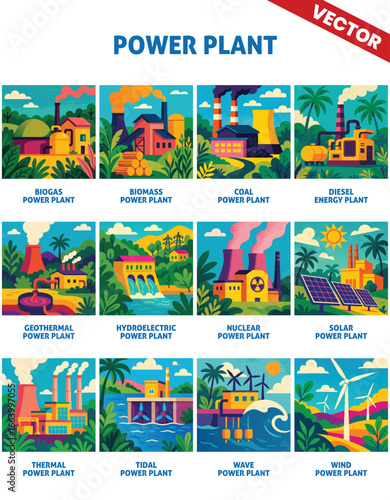 Types of power plants vector illustration Bright and vivid vector art depicting a variety of power plants like geothermal, hydroelectric, nuclear, and solar power stations amid nature
